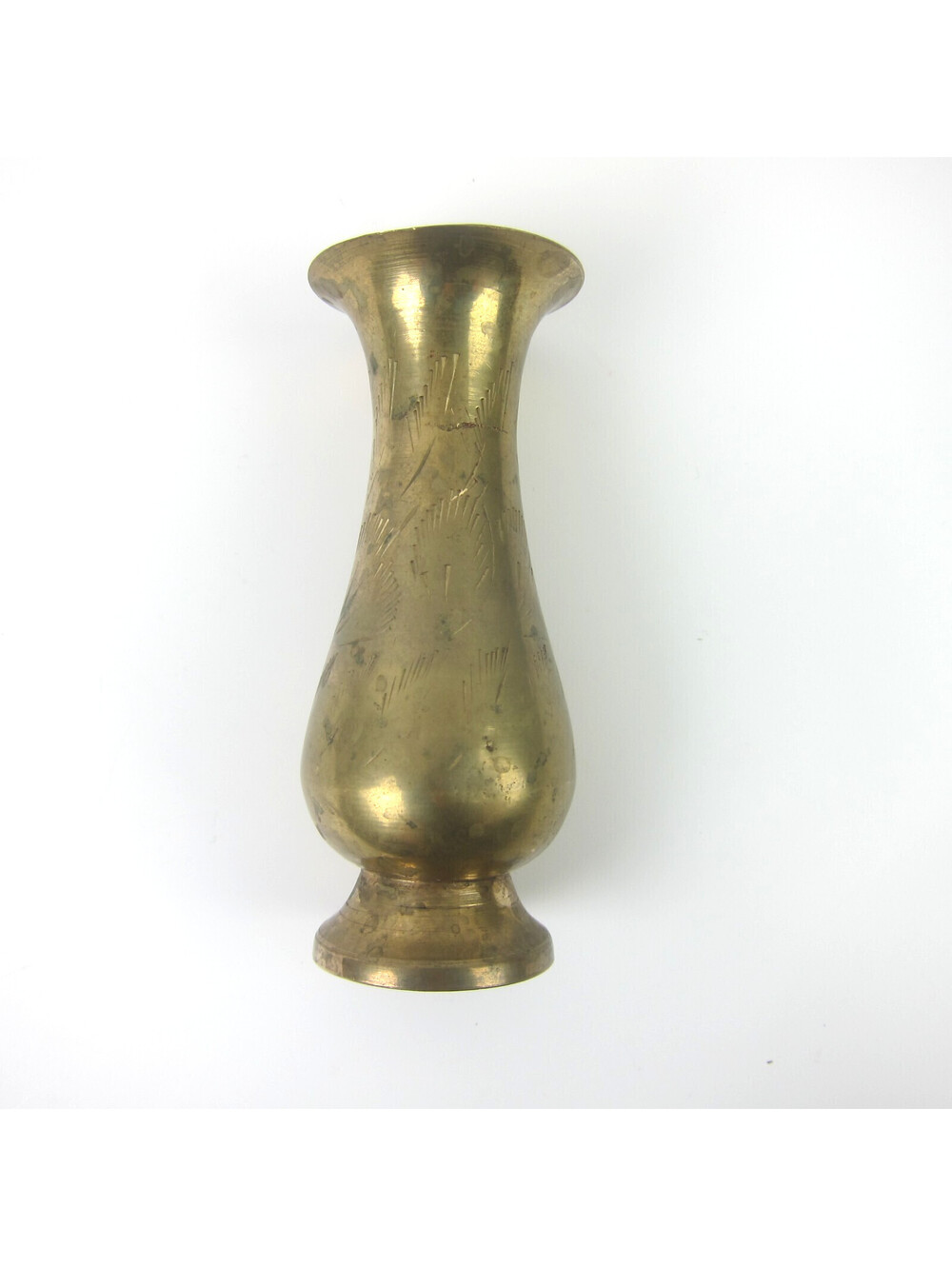 Vintage Solid Brass Flower Bud Vase 4" Etched Leaf Pattern Goldtone Decor India